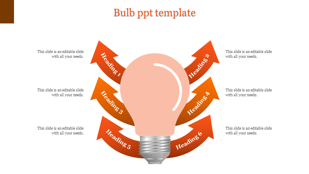 Divine six noded bulb PPT template presentation slide